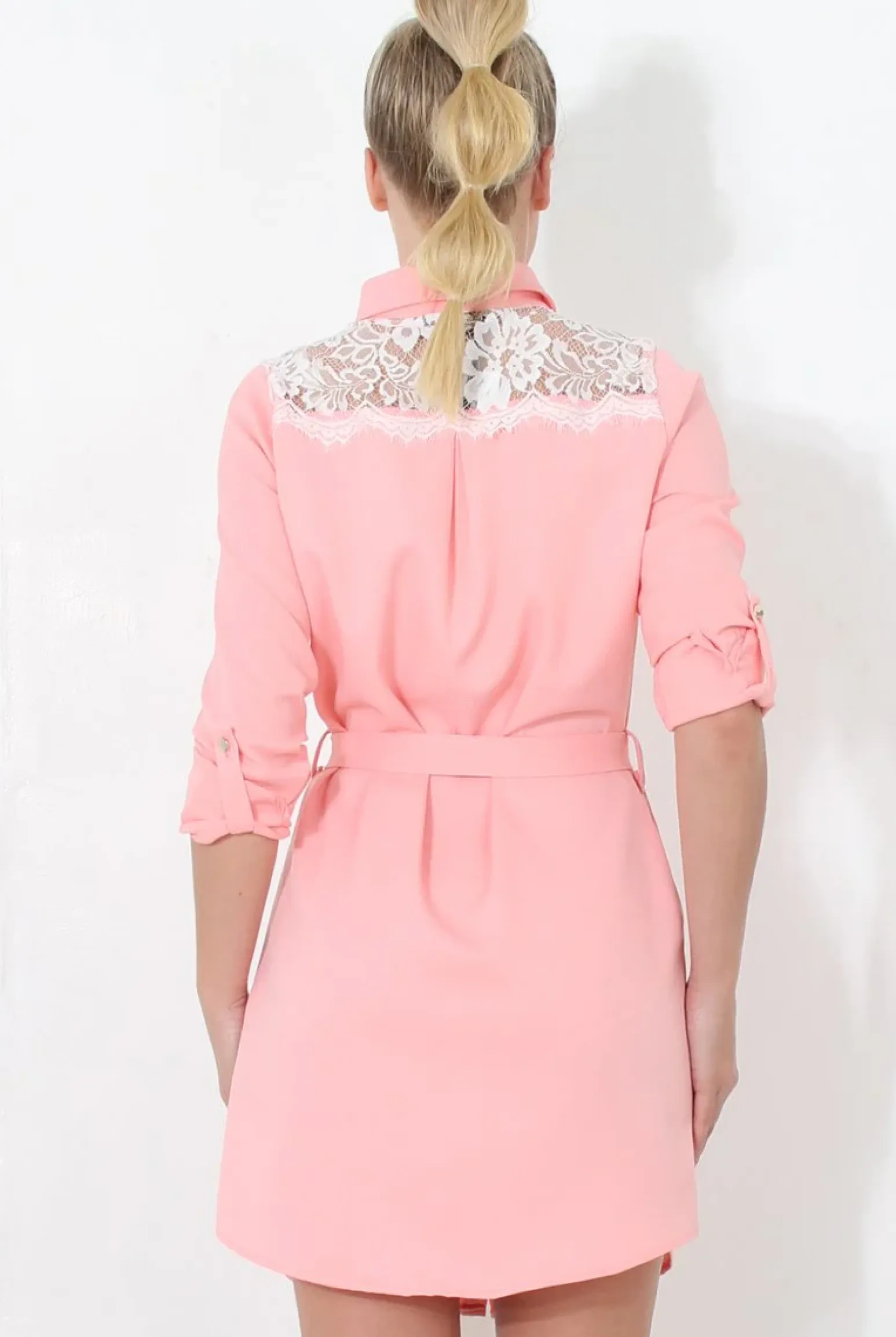 Rebellious Fashion Pink Lace Detail Shirt Dress- Elvi