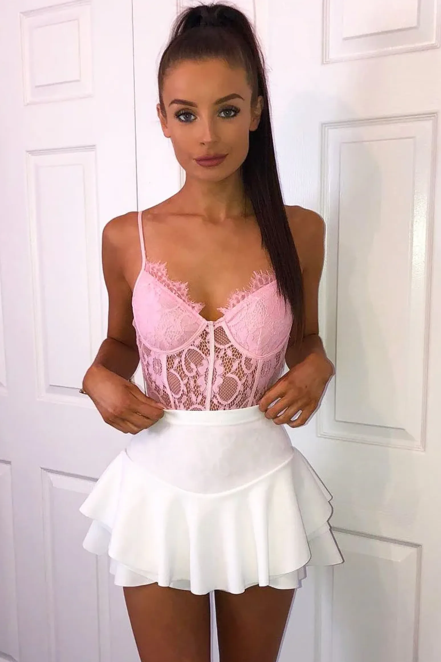 Rebellious Fashion Pink Lace Flower Bodysuit - Faylen