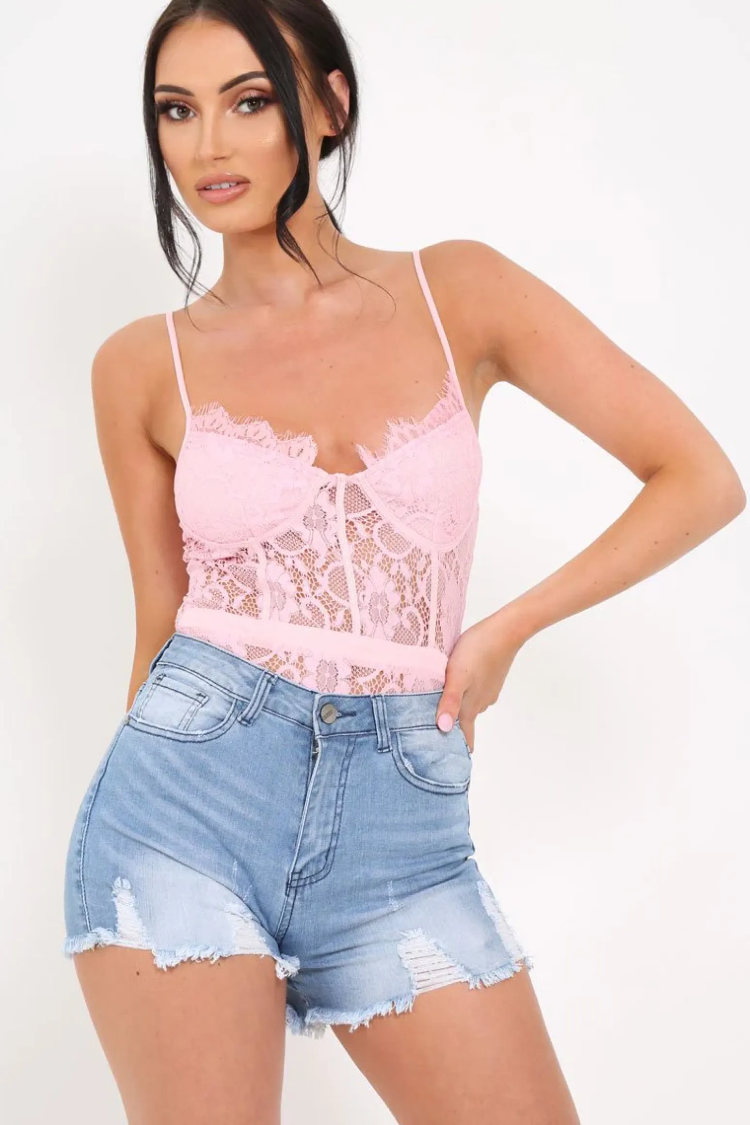 Rebellious Fashion Pink Lace Flower Bodysuit - Faylen