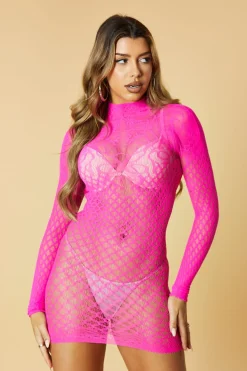 Rebellious Fashion Pink Lace High Neck Mini Dress - Hisa