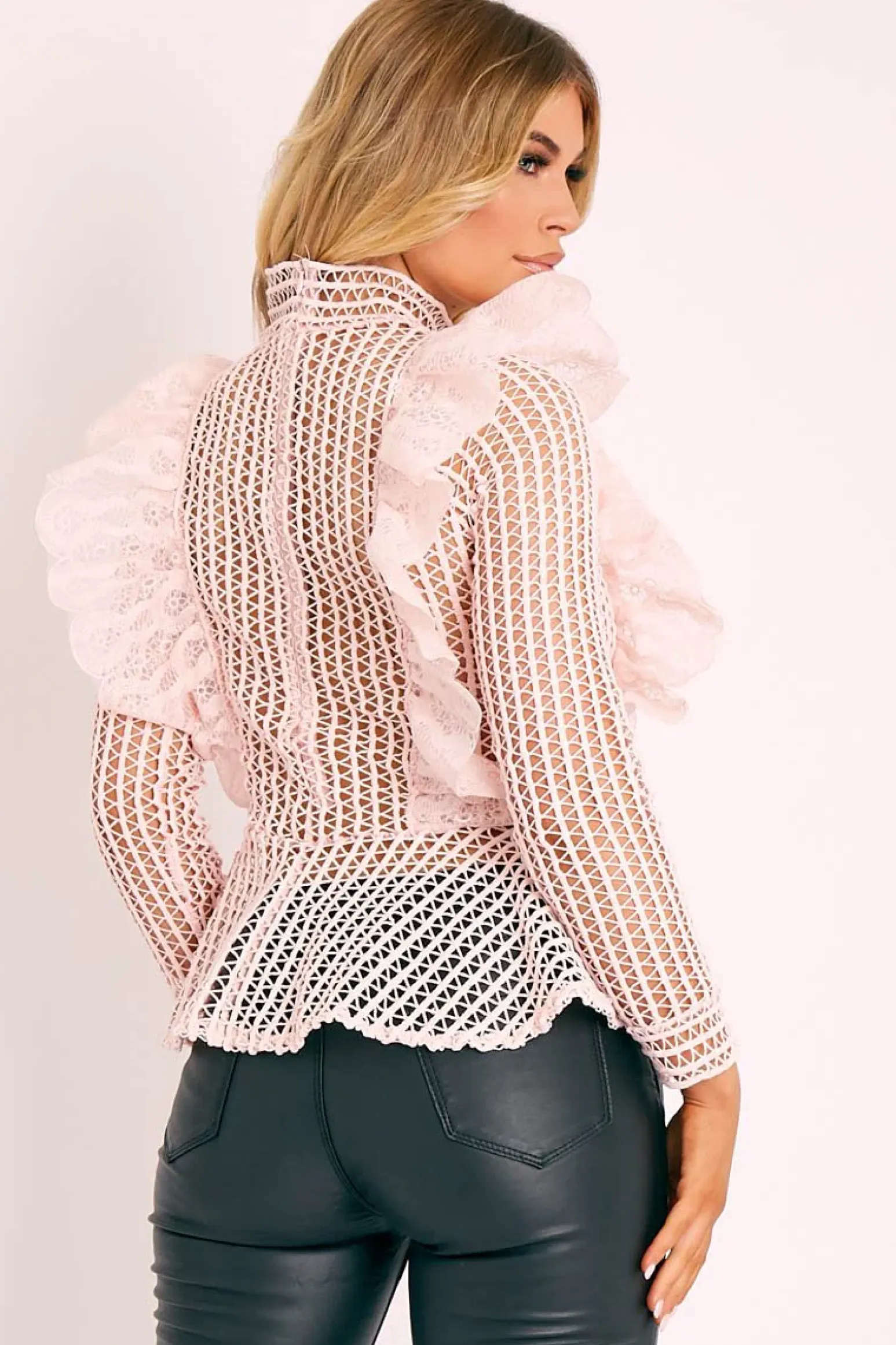 Rebellious Fashion Pink Lace High Neck Zip Back Blouse - Abree