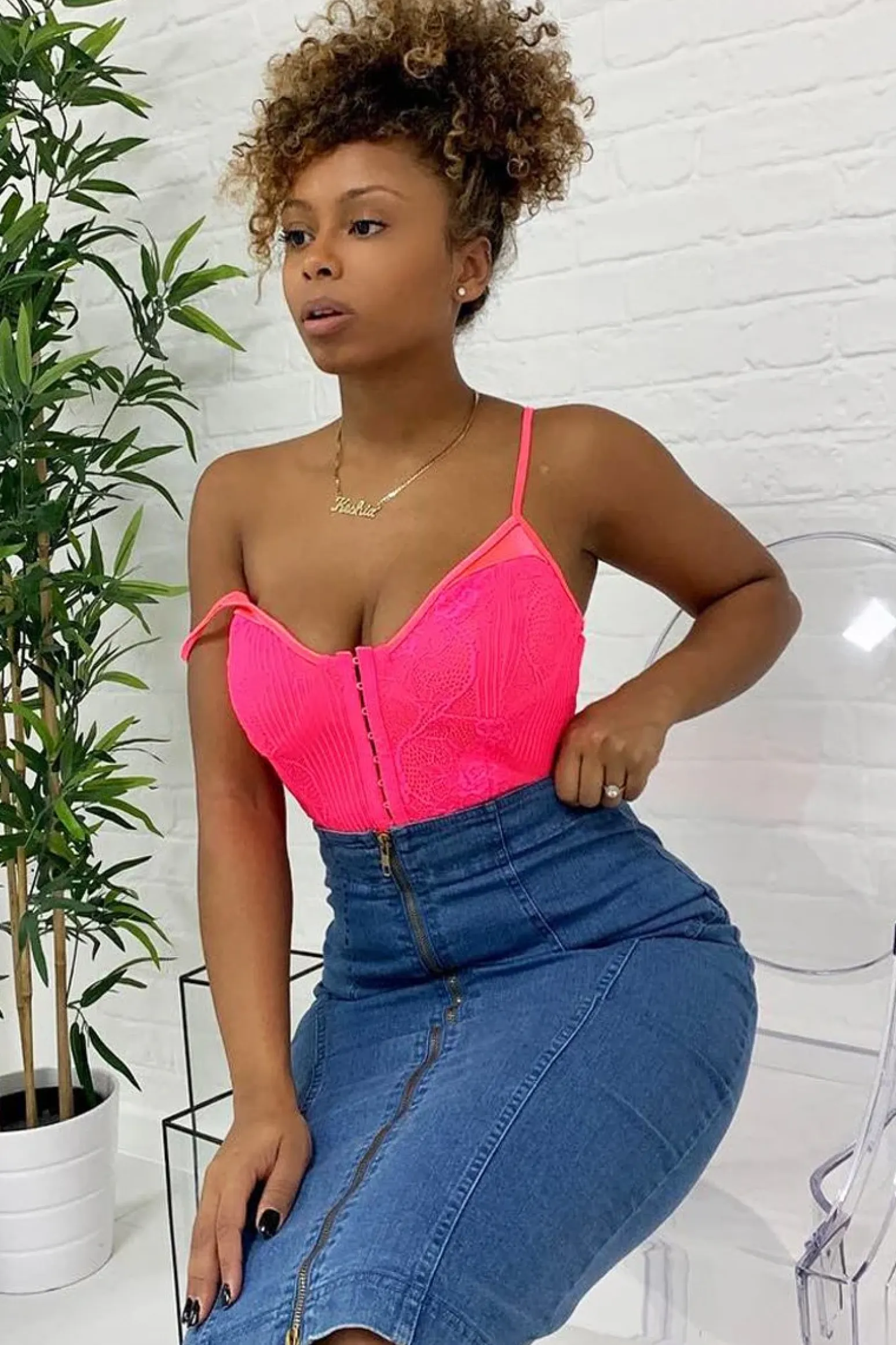 Rebellious Fashion Pink Lace Hook Front Bodysuit - Sabrina