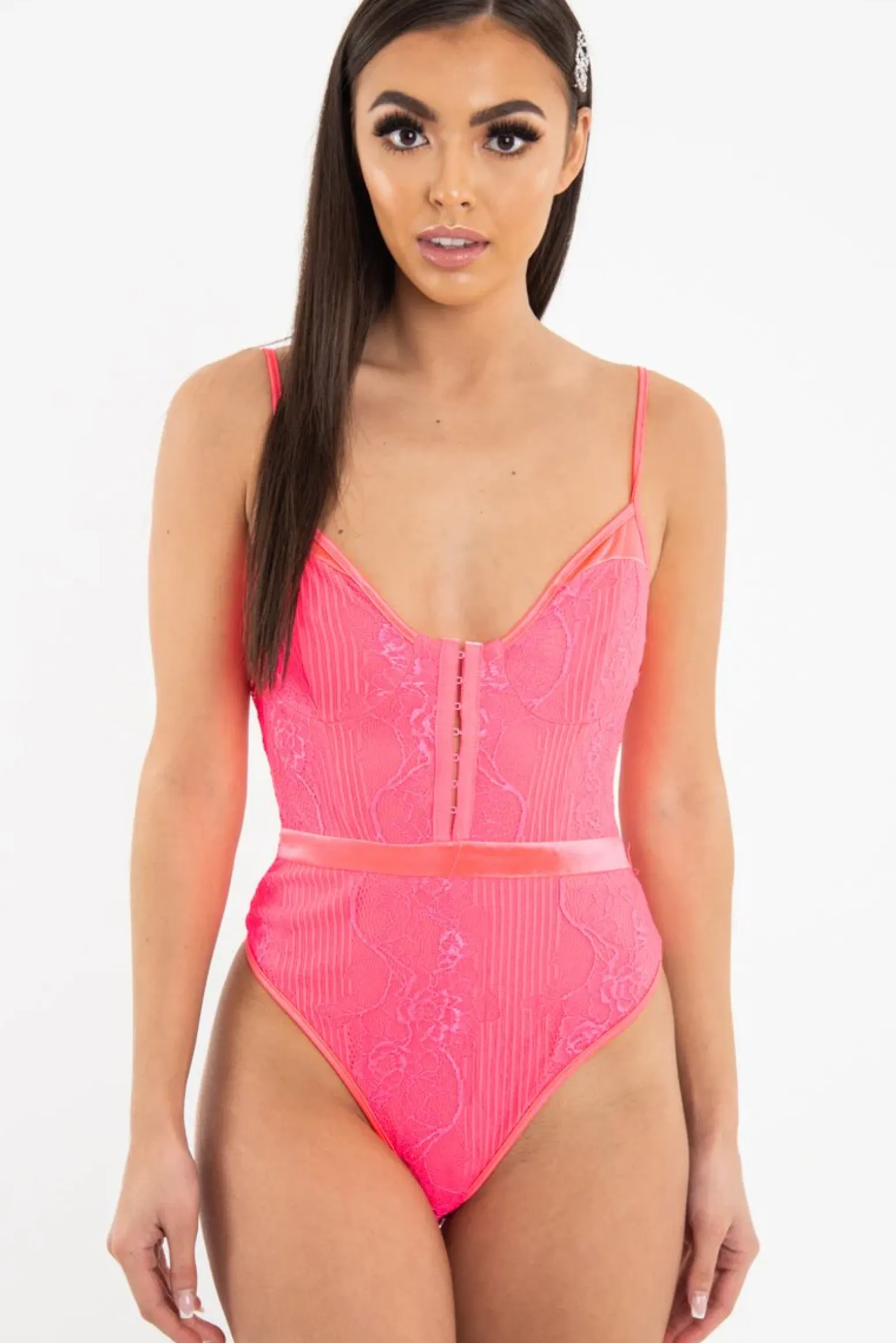 Rebellious Fashion Pink Lace Hook Front Bodysuit - Sabrina
