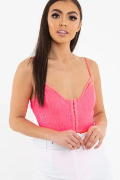 Rebellious Fashion Pink Lace Hook Front Bodysuit - Sabrina