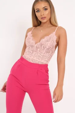 Rebellious Fashion Pink Lace Plunge Bodysuit - Paola