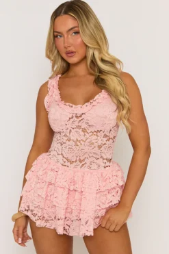Rebellious Fashion Pink Lace Ruffle Tiered Playsuit - Marjorie