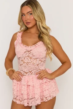 Rebellious Fashion Pink Lace Ruffle Tiered Playsuit - Marjorie