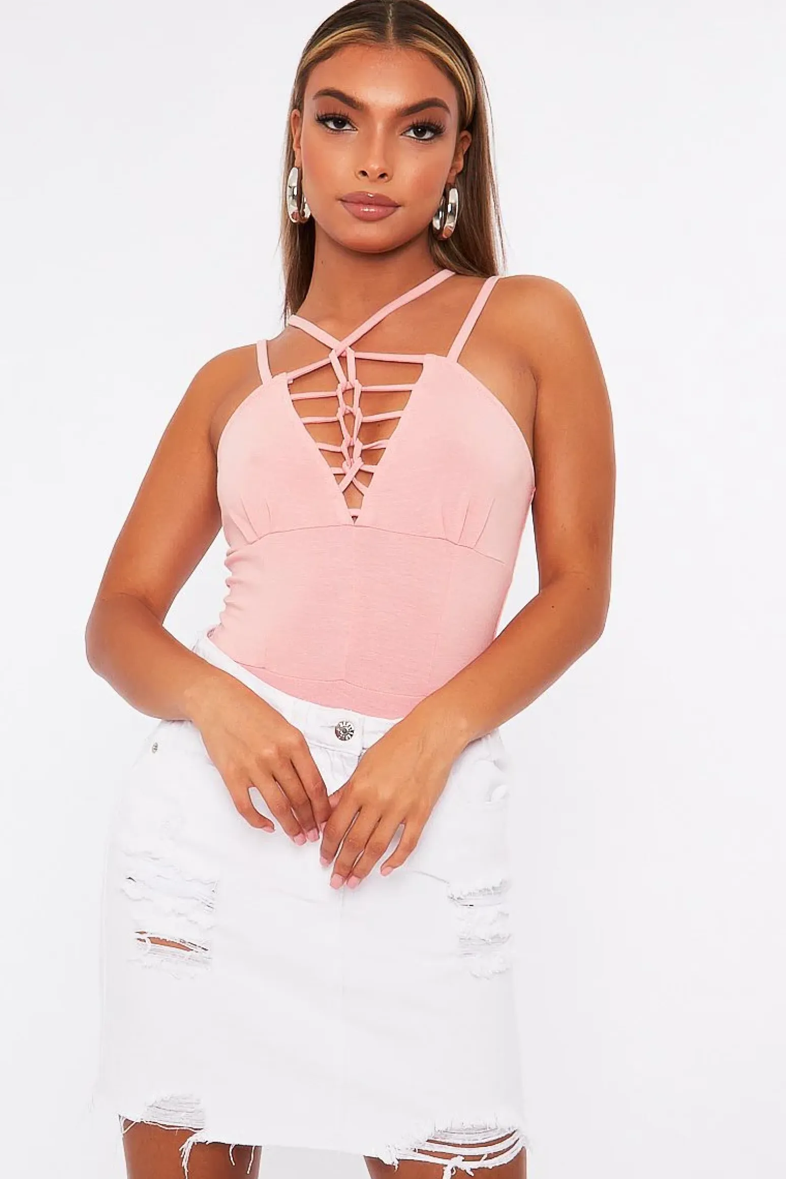 Rebellious Fashion Pink Lace Up Front Bodysuit - Gea