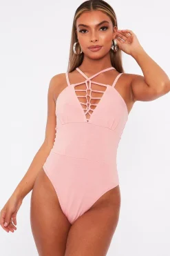 Rebellious Fashion Pink Lace Up Front Bodysuit - Gea
