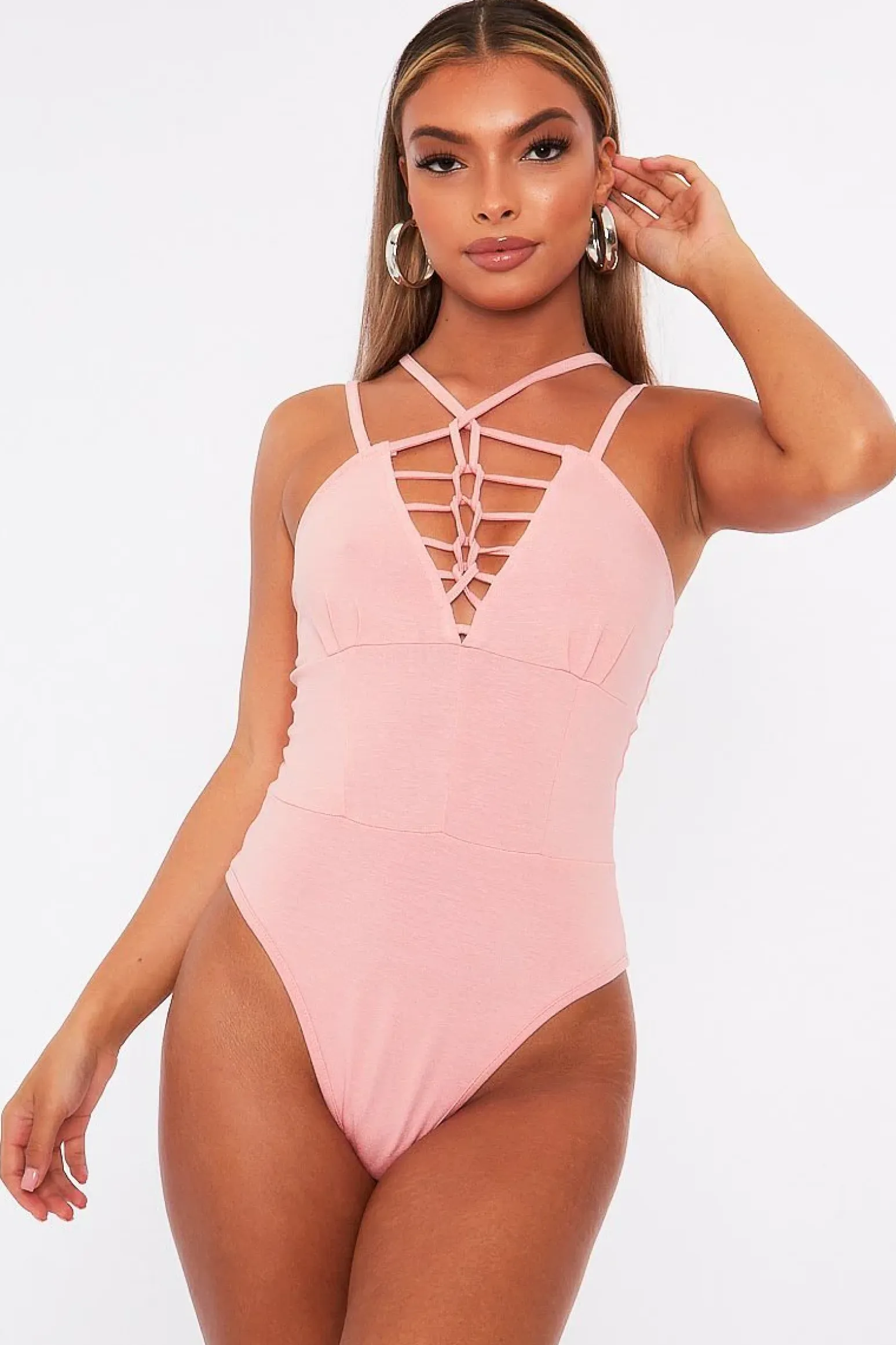 Rebellious Fashion Pink Lace Up Front Bodysuit - Gea