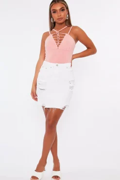 Rebellious Fashion Pink Lace Up Front Bodysuit - Gea