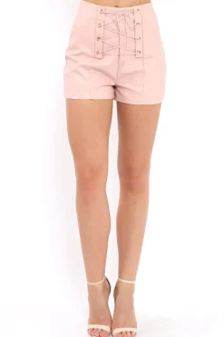 Rebellious Fashion Pink Lace Up Front Leather Shorts - Coriane