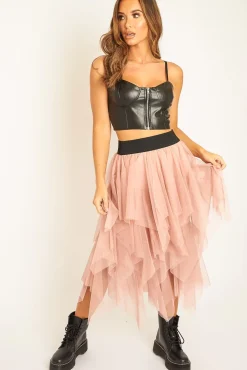 Rebellious Fashion Pink Layered Tulle Midi Skirt - Laveta