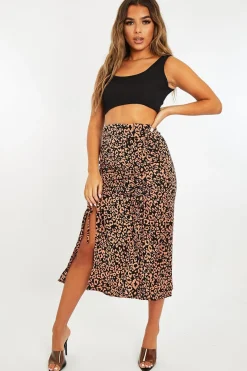 Rebellious Fashion Pink Leopard Front Ruched Midi Skirt - Esmie