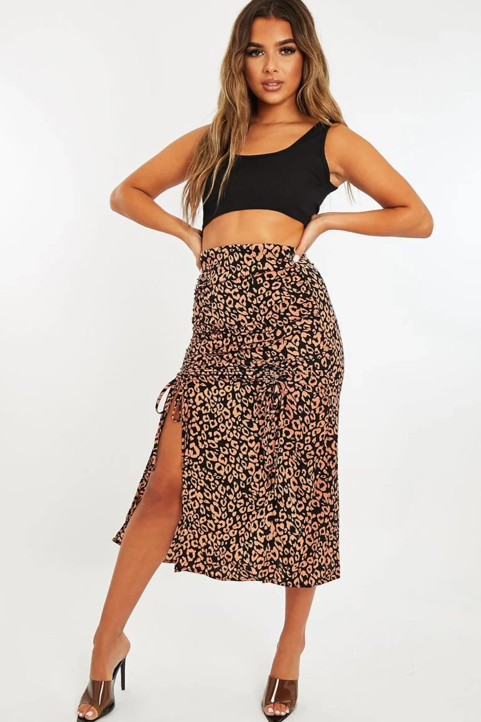 Rebellious Fashion Pink Leopard Front Ruched Midi Skirt - Esmie