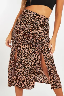Rebellious Fashion Pink Leopard Front Ruched Midi Skirt - Esmie