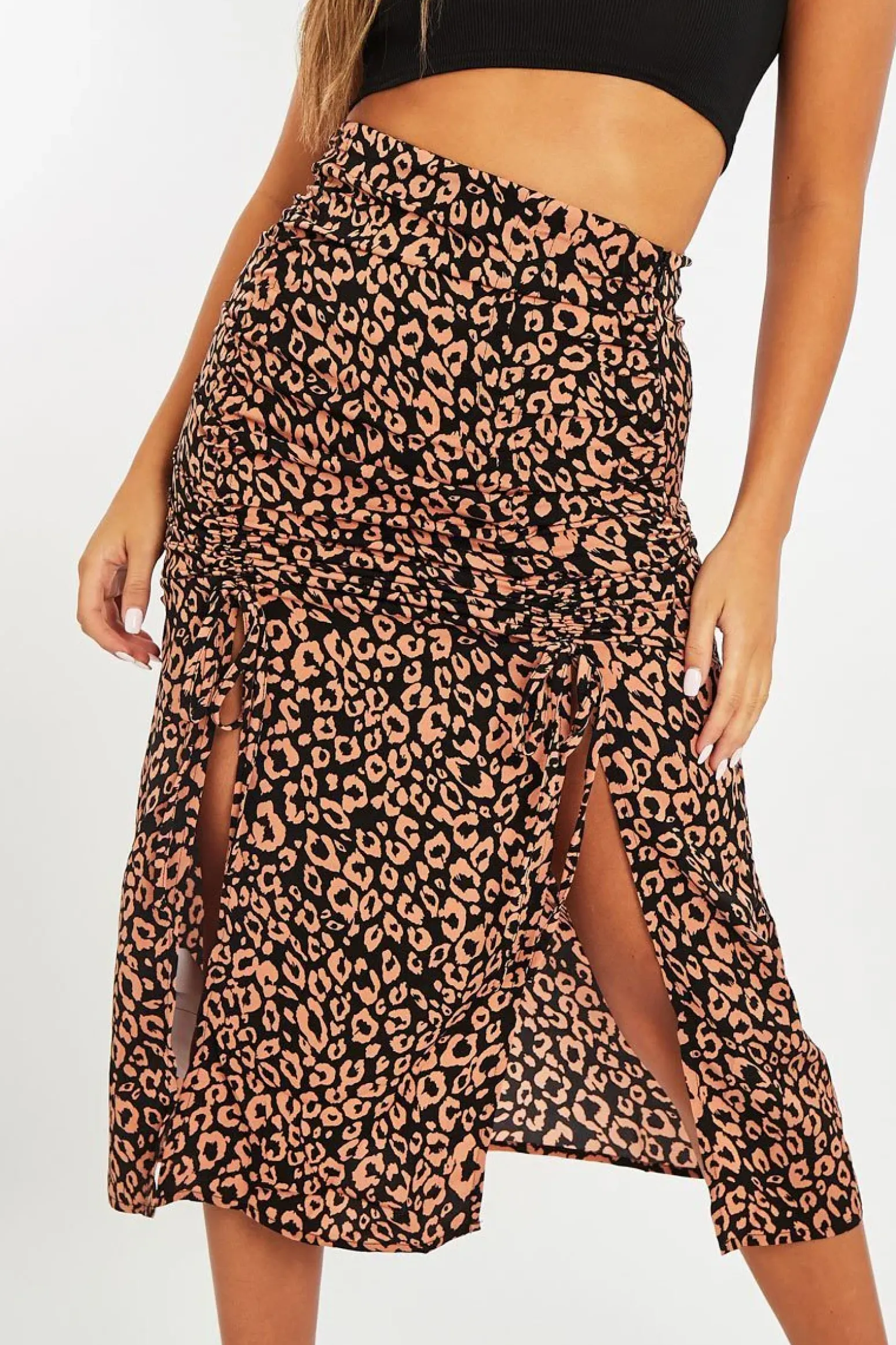 Rebellious Fashion Pink Leopard Front Ruched Midi Skirt - Esmie