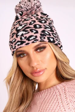 Rebellious Fashion Pink Leopard Knit Pom Pom Hat - Kela