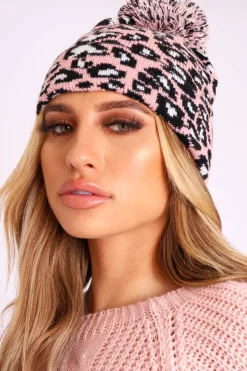 Rebellious Fashion Pink Leopard Knit Pom Pom Hat - Kela