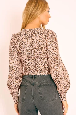 Rebellious Fashion Pink Leopard Print Plunge Button Blouse - Polly