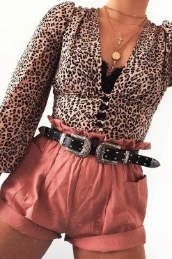 Rebellious Fashion Pink Leopard Print Plunge Button Blouse - Polly