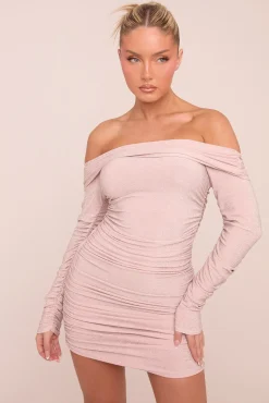 Rebellious Fashion Pink Lurex Bardot Ruched Bodycon Mini Dress - Vivian