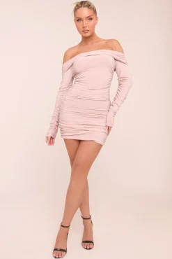 Rebellious Fashion Pink Lurex Bardot Ruched Bodycon Mini Dress - Vivian