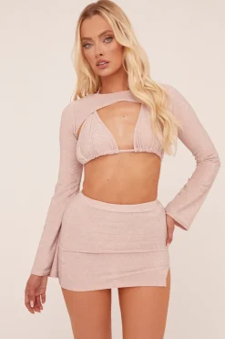Rebellious Fashion Pink Lurex Three Piece Bralette & Mini Skirt Co-ord Set - Amaal
