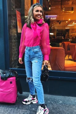 Rebellious Fashion Pink Mesh Balloon Sleeve Blouse - Elvina