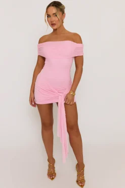 Rebellious Fashion Pink Mesh Bardot Mini Dress - Evelina