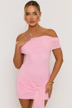 Rebellious Fashion Pink Mesh Bardot Mini Dress - Evelina