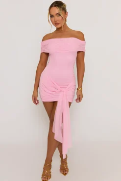 Rebellious Fashion Pink Mesh Bardot Mini Dress - Evelina