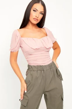 Rebellious Fashion Pink Mesh Cap Sleeve Bodysuit - Aadvi