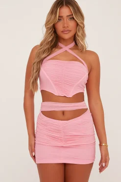 Rebellious Fashion Pink Mesh Corset Detail Crop Top & Ruched Mini Skirt Co-ord Set - Morgan
