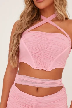 Rebellious Fashion Pink Mesh Corset Detail Crop Top & Ruched Mini Skirt Co-ord Set - Morgan