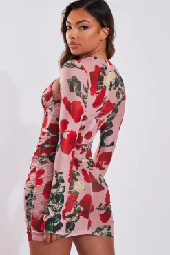 Rebellious Fashion Pink Mesh Corset Floral Mini Dress - Klaire
