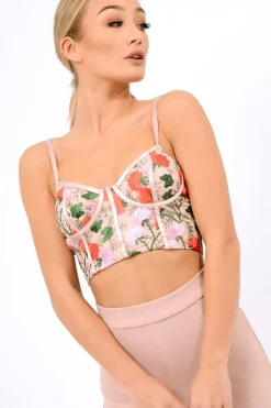 Rebellious Fashion Pink Mesh Embroidered Cami Crop Top - Thalia