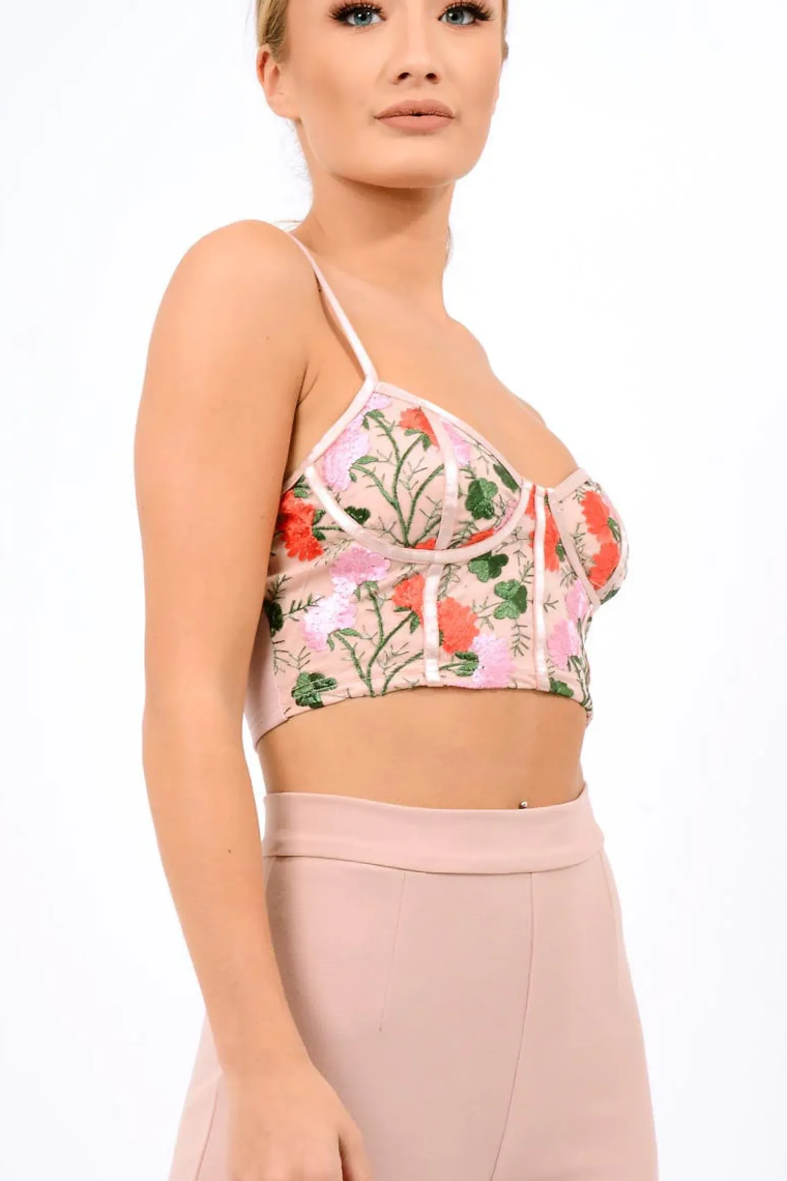 Rebellious Fashion Pink Mesh Embroidered Cami Crop Top - Thalia