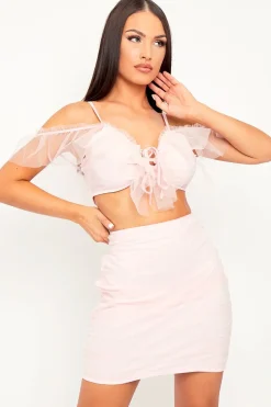 Rebellious Fashion Pink Mesh Frill Crop Top + Skirt Co-ord - Pansy