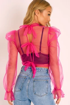 Rebellious Fashion Pink Mesh High Neck Open Back Blouse - Anthea