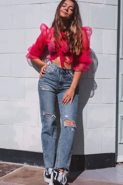 Rebellious Fashion Pink Mesh High Neck Open Back Blouse - Anthea