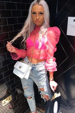 Rebellious Fashion Pink Mesh High Neck Open Back Blouse - Anthea