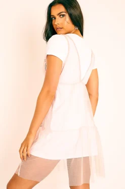 Rebellious Fashion Pink Mesh Layered T-Shirt Dress - Naida