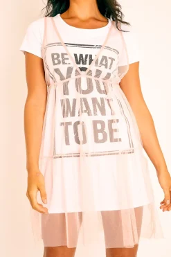 Rebellious Fashion Pink Mesh Layered T-Shirt Dress - Naida