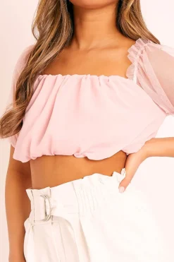 Rebellious Fashion Pink Mesh Puffball Crop Top - Taja