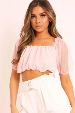 Rebellious Fashion Pink Mesh Puffball Crop Top - Taja