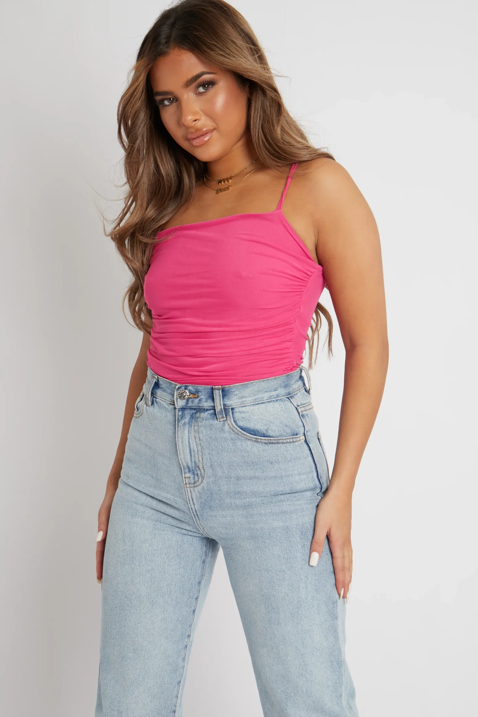 Rebellious Fashion Pink Mesh Ruched Bodysuit - Myers