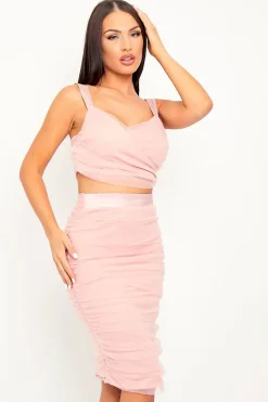 Rebellious Fashion Pink Mesh Ruched Crop Top + Midi Skirt Co-ord - Sally