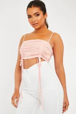 Rebellious Fashion Pink Mesh Ruched Square Neck Crop Top - Leyna