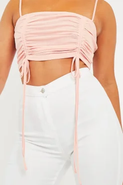 Rebellious Fashion Pink Mesh Ruched Square Neck Crop Top - Leyna